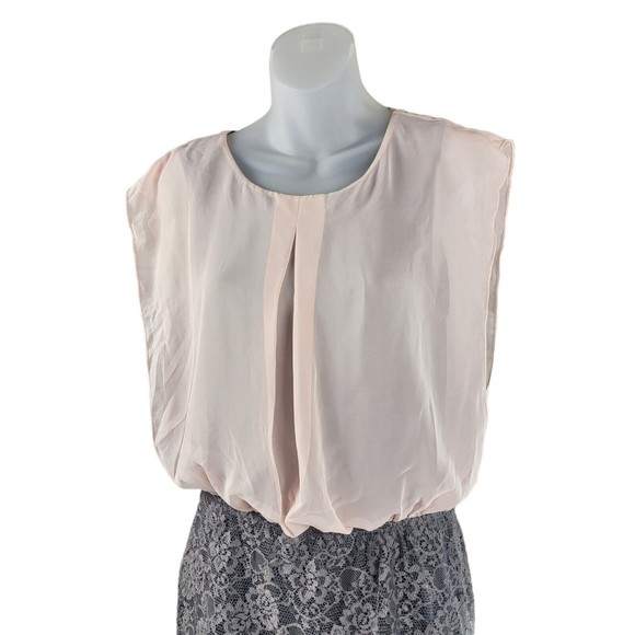 Speechless Mini Sleeveless Dress Blouson Top Sz M Skirt  Pink Chiffon Gray Lace - Picture 5 of 16